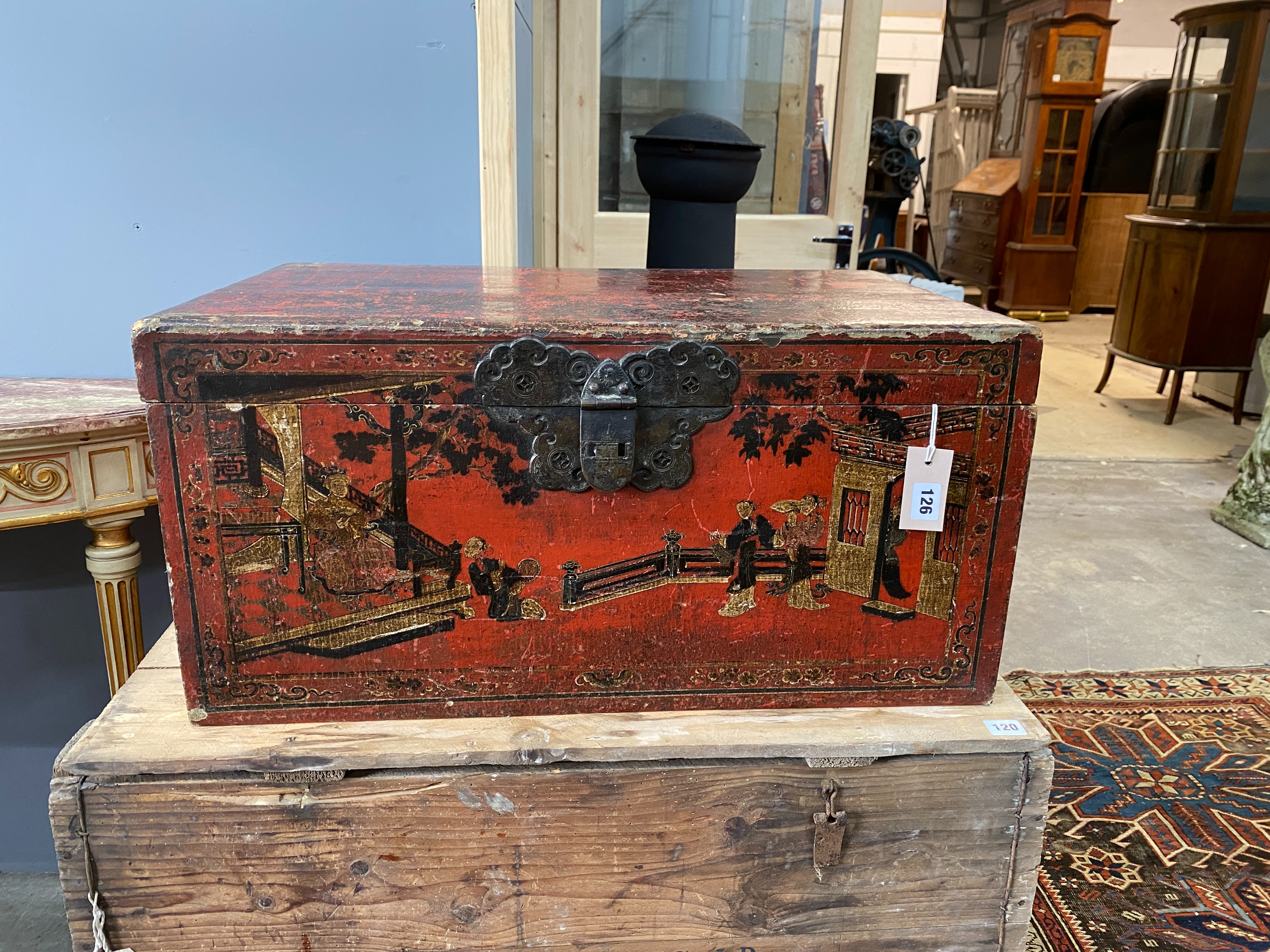 A Chinese scarlet lacquer box, length 70cm, depth 43cm, height 34cm
